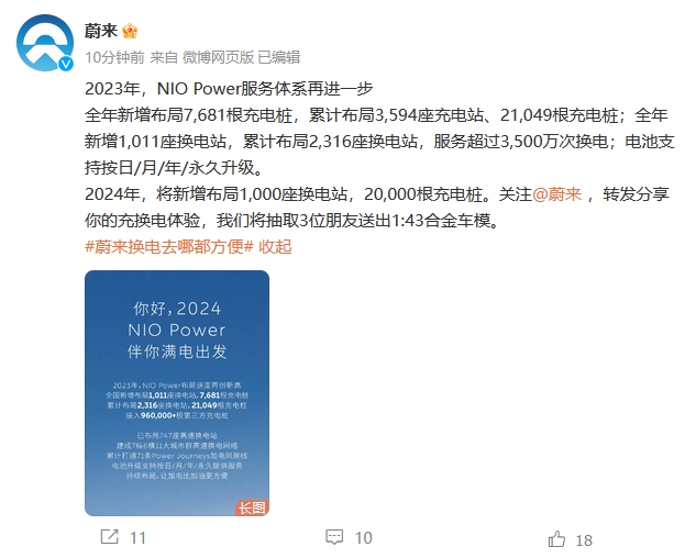 蔚来:2024年将新增布局1000座换电站200根充电桩